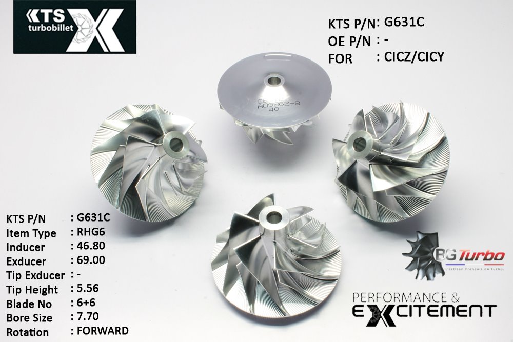 Turbo ROUE FORGÉE MFS PERFORMANCE - 6+6 PALES - INDUCER : 46,8 - EXDUCER : 69,008 - TYPE : RHG6ANGLE : 70° - ROTATION : Forward - SUPER BACK : 5,28 - BORE SIZE : 7,7
